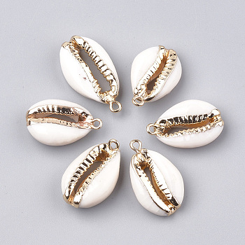 Electroplate Freshwater Shell Pendants, with Iron Findings, Golden, Floral White, 23~28x15x6~8mm, Hole: 1.6mm