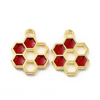 Alloy Enamel Pendants, Honeycomb Charm, Golden, Red, 19x15x1.5mm, Hole: 2mm