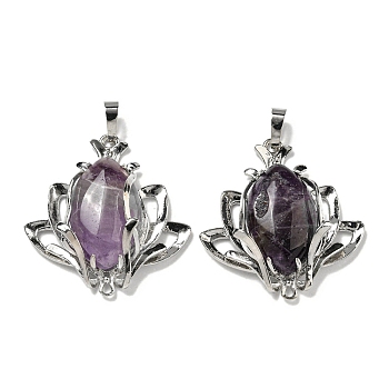Natural Amethyst Pendants, Flower Charms with Rack Plating Brass Findings, Platinum, Cadmium Free & Lead Free, 37x35x10mm, Hole: 8x5mm and 1.6mm
