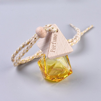 Empty Fragrance Oil Aromatic Perfume Oil Glass Pendant Decorations, with Wooden Lid and Polyester Rope, Polygon, Gold, 16.5 inch(42cm), Bottle: 38x38x58mm