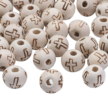 Natural Round Wood Beads, Unfinished Wooden Spacer Beads, with Cross Pattern, Lead Free, Undyed, Beige, 10x8mm, Hole: 2mm