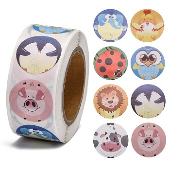 Self-Adhesive Paper Stickers, Gift Tag, for Party, Decorative Presents, Round, Colorful, Animal Pattern, 25mm, 500pcs/roll