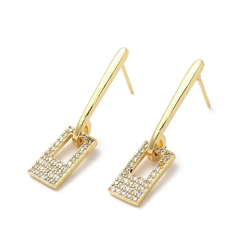 Rack Plating Brass Rectangle Dangle Stud Earrings with Cubic Zirconia, Lead Free & Cadmium Free, Real 18K Gold Plated, 30x7mm