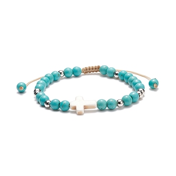Synthetic Turquoise(Dyed) Braided Bead Bracelet with Synthetic Magnesite Cross, Gemstone Jewelry for Women, Inner Diameter: 2-1/8~3-1/8 inch(5.5~8cm)