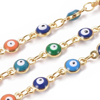Handmade Enamel Beaded Chains, with Brass Chains, with Spool, Soldered, Flat Round with Evil Eye, Golden, Mixed Color, 4.5mm, Link: 9x4.5x3mm and 3.5~4x2.5x0.4mm, about 32.8 Feet(10m)/roll