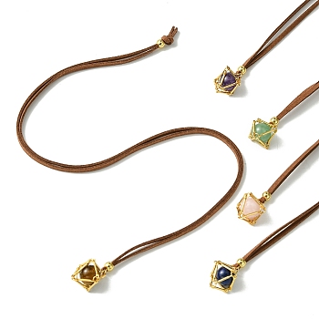 Brass Macrame Pouch Stone Holder Pendant Necklaces, Round Natural Rose Quartz & Amethyst & Green Aventurine & Lapis Lazuli Necklaces, Golden, 17.72 inch(45cm)