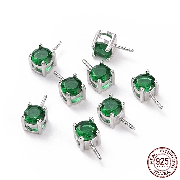 Rhodium Plated 925 Sterling Silver Peg Bails, with Cubic Zirconia, Square, Platinum, Green, 9x4x4.5mm, Hole: 2.5x1.5mm, Pin: 0.6mm