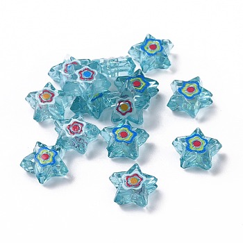 Printed Transparent Acrylic Beads, Star with Flower Pattern, Dark Turquoise, 9x10x4mm, Hole: 1.6mm