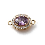 Brass Purple Cubic Zirconia Oval Connector Charms, Real 18K Gold Plated, 15x8.5x5mm, Hole: 1.2mm(X-KK-D312-08G)