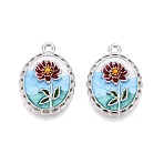Rack Plating Alloy Enamel Pendants, Oval & Flower, Platinum, 25.5x18x3.5mm, Hole: 1.8~2mm(ENAM-N065-12P)