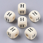 Printed Natural Wood Beads, Horizontal Hole, Cube with Initial Letter, PapayaWhip, Letter H, 10x10x10mm, Hole: 3.5mm, about 950~1000pcs/500g(WOOD-T026-001H)