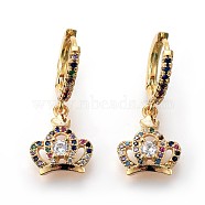 Brass Dangle Hoop Earrings, with Micro Pave Cubic Zirconia, Crown, Colorful, Golden, 27mm, Pin: 0.8mm(EJEW-F190-13G)