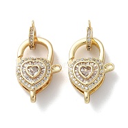 Brass Pave Cubic Zirconia Lobster Claw Clasp Pendants, Heart, Real 16K Gold Plated, 30.5mm, Heart: 23.5x15.5x8mm(KK-M287-07G-B)