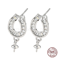 Rhodium Plated Horseshoe 925 Sterling Silver Micro Pave Clear Cubic Zirconia Stud Earring Findings, for Half Drilled Beads, with S925 Stamp, Real Platinum Plated, 16x8mm, Pin: 10x0.7mm and 0.6mm(STER-Q192-05P)