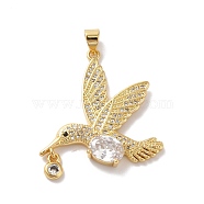 Rack Plating Brass Micro Pave Cubic Zirconia Pendants, Cadmium Free & Lead Free, Long-Lasting Plated, Real 18K Gold Plated, Bird, Clear, 30x28x5mm, Hole: 4.5x3.5mm(X-KK-E281-22G)