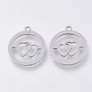 201 Stainless Steel Pendants, Laser Cut Pendants, Flat Round with Heart, Stainless Steel Color, 17.5x15.5x1mm, Hole: 1.4mm(STAS-S110-044P)