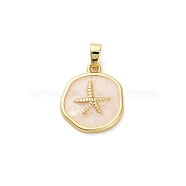 Brass Enamel Pendants, Flat Round with Starfish Charm, Real 18K Gold Plated, Linen, 17.5x15x2.5mm, Hole: 5x2.5mm(KK-M314-08A-G01)