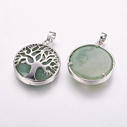 Natural Green Aventurine Pendants, with Brass Findings, Platinum, Flat Round with Tree of Life, 31x27x6.5~7mm, Hole: 5x8mm(X-G-E388-01P)