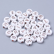 Opaque White Acrylic Beads, Metal Enlaced, Horizontal Hole, Flat Round with Rose Gold Random Letters, 7x3.5mm, Hole: 1.8mm(X-MACR-S273-47)