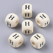 Printed Natural Wood Beads, Horizontal Hole, Cube with Initial Letter, PapayaWhip, Letter.H, 10x10x10mm, Hole: 3.5mm, about 1000pcs/500g(WOOD-T026-001H)