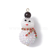 Christmas Natural Black Onyx(Dyed & Heated) & Resin Rhinestone Pendants, Snowman Charms with Glass Seed Beads, White, 44x19.5x21.5mm, Hole: 2~2.5mm(PALLOY-MZ00226)