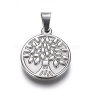 304 Stainless Steel Flat Round with Tree Pendants, Stainless Steel Color, 22x18x3mm, Hole: 6mm(STAS-L148-03P)