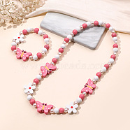 Plastic & Wood Beaded Necklaces & Beaded Bracelets Sets, Kid Jewelry Sets, Butterfly, 450mm & 140mm(WG31E53-06)