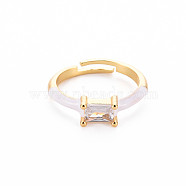 Brass Enamel Cuff Rings, Open Rings, with Clear Cubic Zirconia, Nickel Free, Rectangle, Golden, White, US Size 7 1/4(17.5mm)(RJEW-T016-23I-NF)
