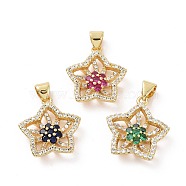 Brass Micro Pave Cubic Zirconia Pendants, Real 18K Gold Plated, Hollow Star with Flower Charm, Mixed Color, 19.5x17.5x4.5mm, Hole: 3.5x4mm(ZIRC-I063-42G)
