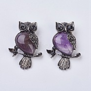 Gemstone Pendant, with Alloy Findings and Rhinestone, Owl, 50x35x7.5~9mm, Hole: 5x8mm(G-F529-C09)