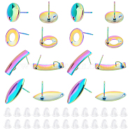 Unicraftale 40Pcs 4 Style Rainbow Color 304 Stainless Steel Stud Earring Findings, with 100Pcs Plastic Ear Nuts, Rectangle & Flat Round & Ring & Horse Eye, 10~21x6~10.5mm, Hole: 1~4mm, Pin: 0.7mm, 10Pcs/styel(DIY-UN0003-22)