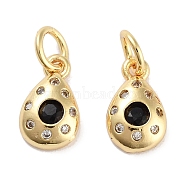 Brass Micro Pave Cubic Zirconia Charms, with Jump Ring, Teardrop, Real 18K Gold Plated, Black, 10.5x6x2.5mm, Hole: 3mm(KK-C051-02G-04)