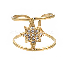 304 Stainless Steel Star Open Cuff Ring with Rhinestone, Hollow Chunky Ring for Women, Real 14K Gold Plated, US Size 7 3/4(17.9mm)(RJEW-T023-89G)