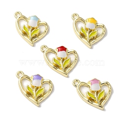 Rack Plating Alloy Pendants, with Enamel, Cadmium Free & Nickel Free & Lead Free, Golden, Heart with Tulip Charms, Mixed Color, 15x18x4mm, Hole: 1.5mm(FIND-I039-037G)