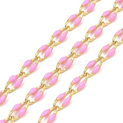Ion Plating(IP) Brass Dapped Chains, Cable Chains with Enamel, Real 18K Gold Plated, Soldered, with Spool, Flat Oval, Pearl Pink, 8.5x4x1.5mm, about 32.81 Feet(10m)/Roll(CHS-K018-14B-02)