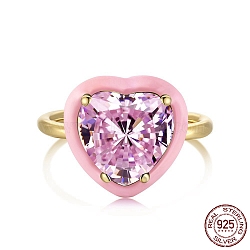925 Sterling Silver Finger Rings, Birthstone Ring, Real 18K Gold Plated, with Enamel & Cubic Zirconia for Women, Heart, Pink, 1.9mm, US Size 7(17.3mm)(RJEW-A019-42B-01G)