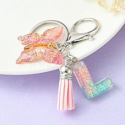 Resin & Acrylic Keychains, with Alloy Split Key Rings and Faux Suede Tassel Pendants, Letter & Butterfly, Random Gradient Color, Letter L, 8.6cm(KEYC-YW00002-12)