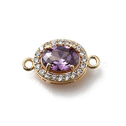 Brass Purple Cubic Zirconia Oval Connector Charms, Real 18K Gold Plated, 15x8.5x5mm, Hole: 1.2mm(X-KK-D312-08G)