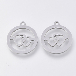 Non-Tarnish 201 Stainless Steel Pendants, Laser Cut Pendants, Flat Round with Heart, Stainless Steel Color, 17.5x15.5x1mm, Hole: 1.4mm(STAS-S110-044P)