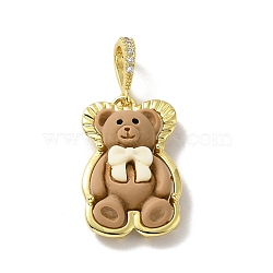 Opaque Resin Pendants, Large Hole Pendant, with Real 18K Gold Plated Brass Findings & Clear Cubic Zirconia, Cadmium Free & Lead Free, Bear with Light Yellow Bowknot, Camel, 28x17.5x8mm, Hole: 4.5x7mm(KK-G406-12G-02)