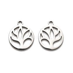 316 Surgical Stainless Steel Pendants, Laser Cut, Flat Round with Flower Charm, Stainless Steel Color, 15x12.5x1mm, Hole: 1.6mm(STAS-H190-09P)