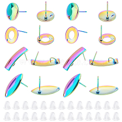 Unicraftale 40Pcs 4 Style Rainbow Color 304 Stainless Steel Stud Earring Findings, with 100Pcs Plastic Ear Nuts, Rectangle & Flat Round & Ring & Horse Eye, 10~21x6~10.5mm, Hole: 1~4mm, Pin: 0.7mm, 10Pcs/styel(DIY-UN0003-22)