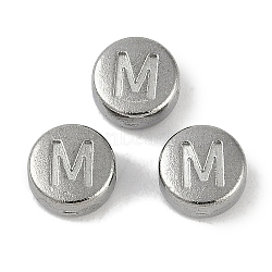 Anti-Tarnish 304 Stainless Steel Beads, Flat Round with Letter, Stainless Steel Color, Letter M, 7x3.8mm, Hole: 1.8mm(STAS-L082-019M-P)