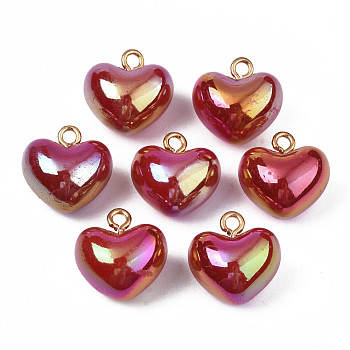 Electroplate Acrylic Pendants, Cadmium Free & Lead Free, with Brass Findings, Heart, FireBrick, 18~19x18x13mm, Hole: 2.5mm