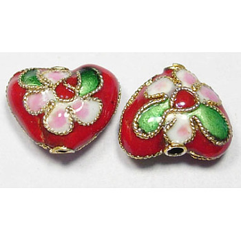 Handmade Cloisonne Beads, Heart, Red, 12mm, Hole:2mm