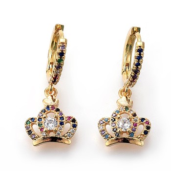 Brass Dangle Hoop Earrings, with Micro Pave Cubic Zirconia, Crown, Colorful, Golden, 27mm, Pin: 0.8mm