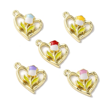 Rack Plating Alloy Pendants, with Enamel, Cadmium Free & Nickel Free & Lead Free, Golden, Heart with Tulip Charms, Mixed Color, 15x18x4mm, Hole: 1.5mm
