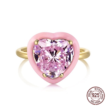 925 Sterling Silver Finger Rings, Birthstone Ring, Real 18K Gold Plated, with Enamel & Cubic Zirconia for Women, Heart, Pink, 1.9mm, US Size 7(17.3mm)