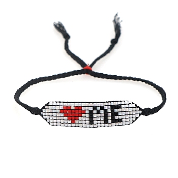 Glass Seed Wide Band Friendship Link Bracelet for Women, Heart Pattern, 11 inch(28cm)