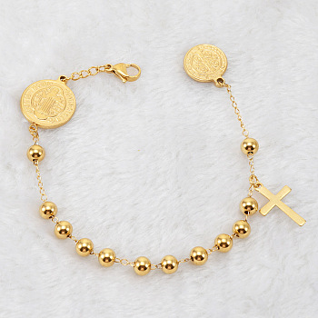 304 Stainless Steel Charm Bracelets, Round Beaded Link Bracelets for Women, St. Benedict & Cross, Real 18K Gold Plated, 8-1/4 inch(21cm)